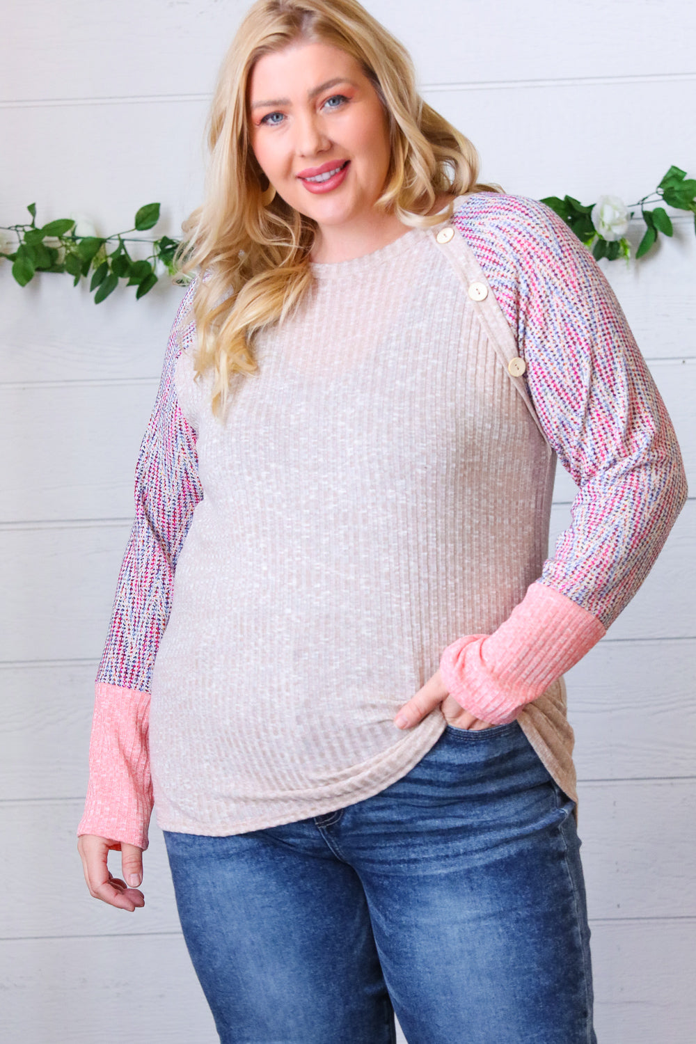 Taupe Two Tone Rib Chevron Button Raglan Top