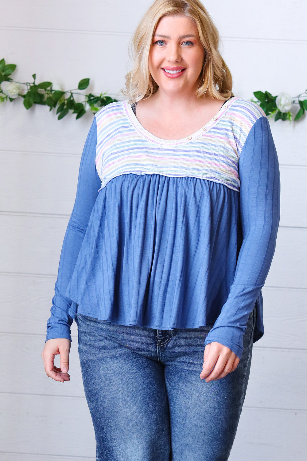 Multicolor Stripe Rib Knit V Neck Babydoll Top