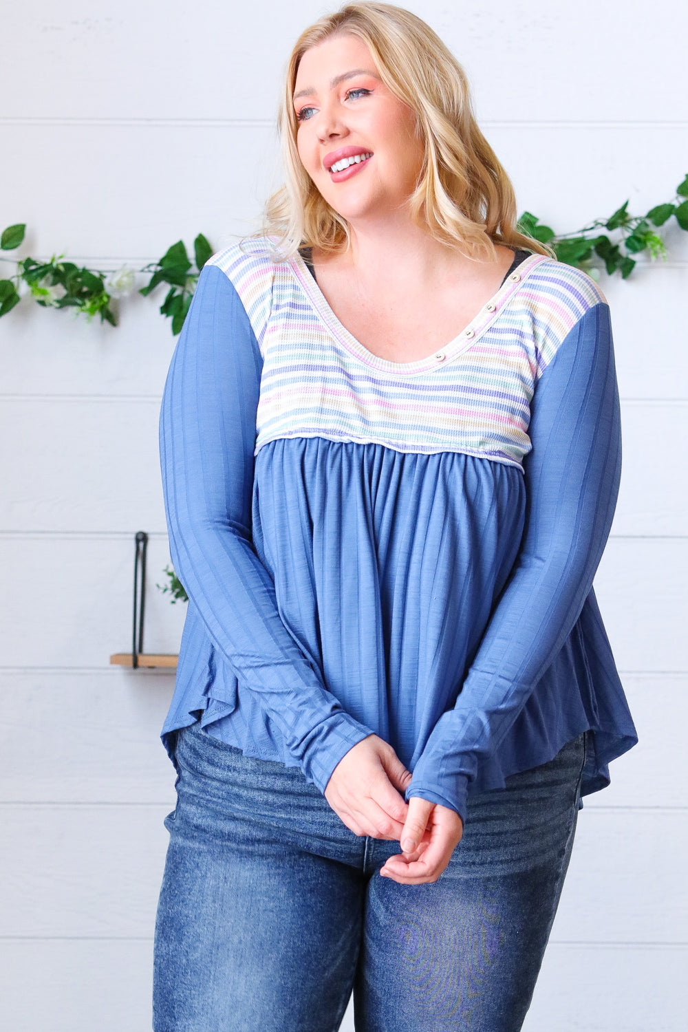 Multicolor Stripe Rib Knit V Neck Babydoll Top