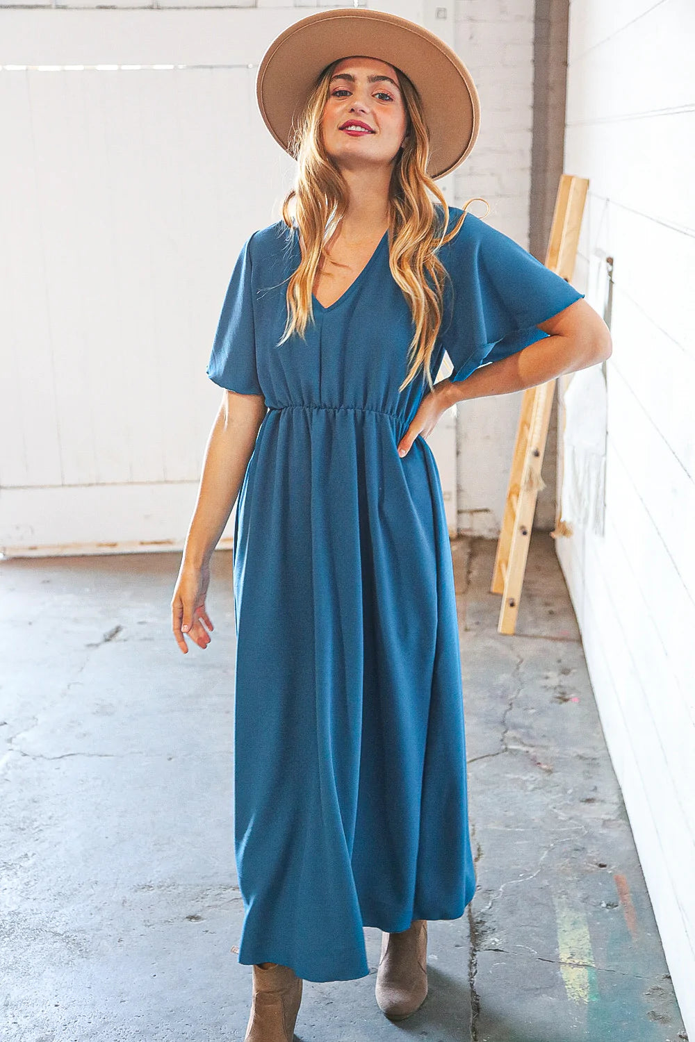 Teal Crepe Elastic Waist Woven Maxi Dress