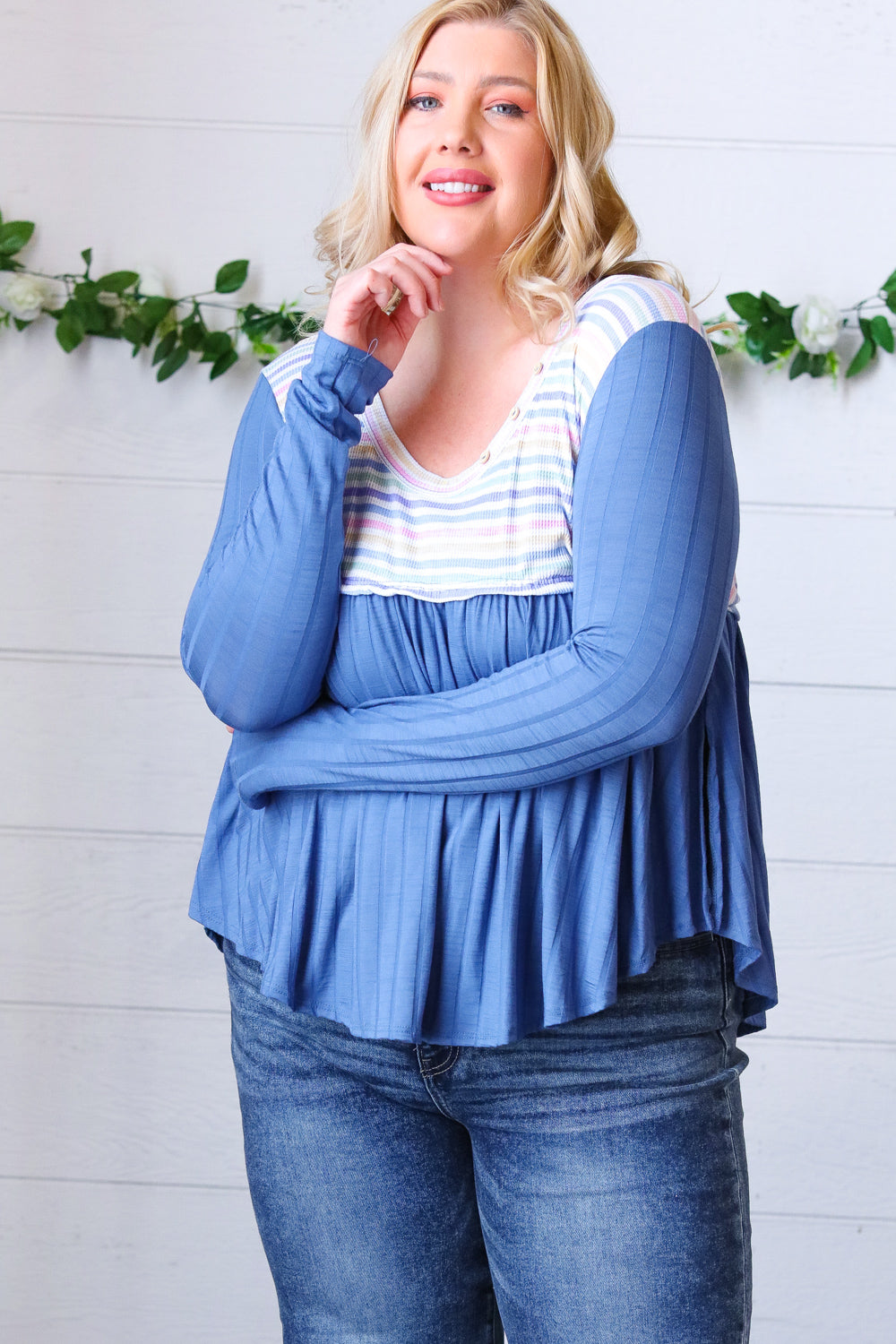 Multicolor Stripe Rib Knit V Neck Babydoll Top