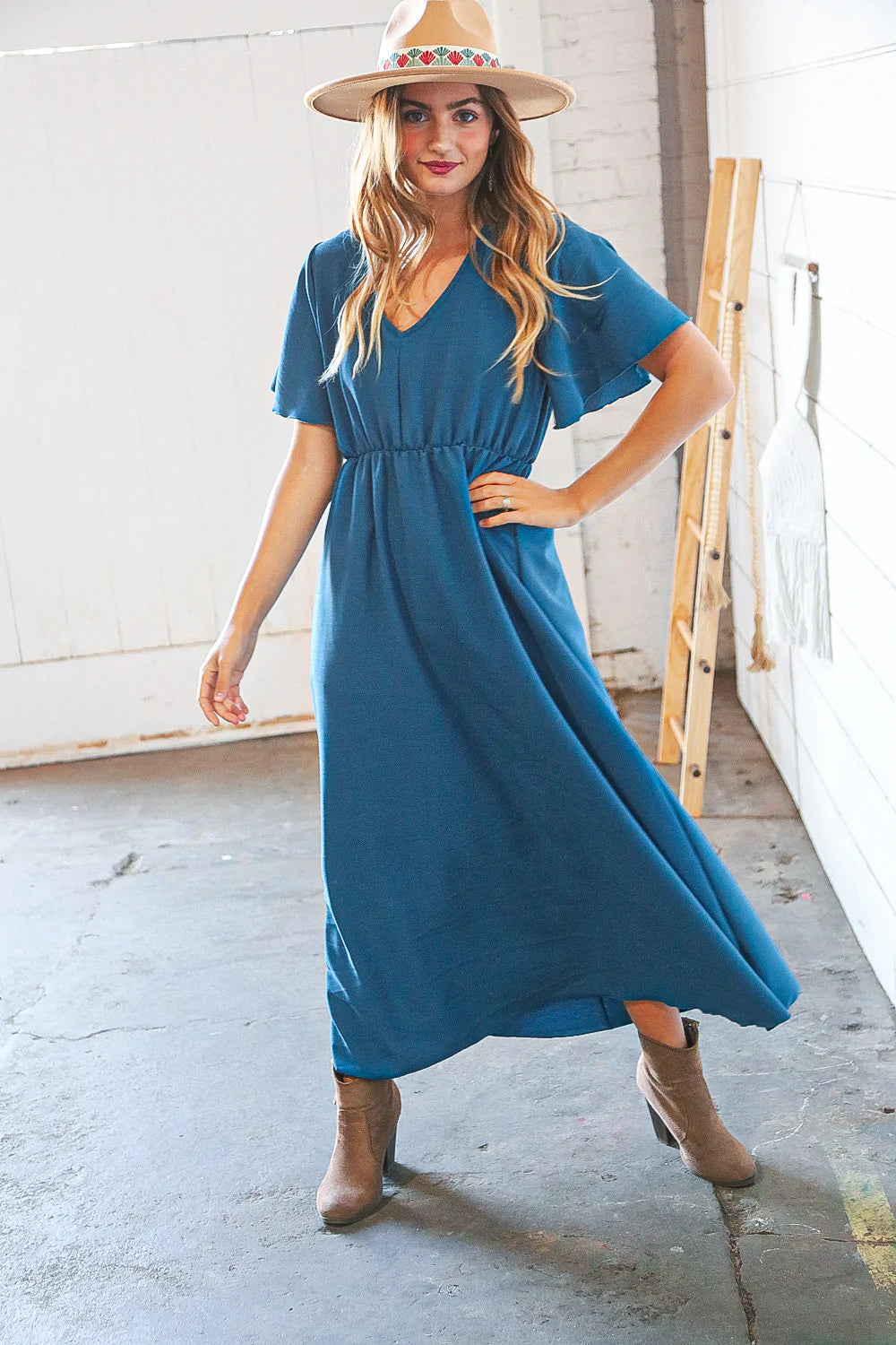 Teal Crepe Elastic Waist Woven Maxi Dress