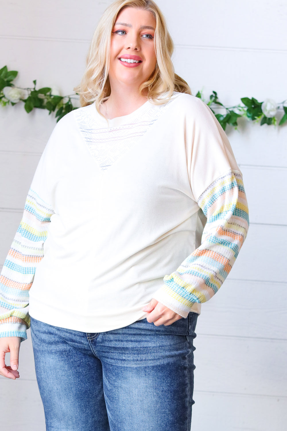 Oatmeal Lace V Neck Vintage Stripe Pullover