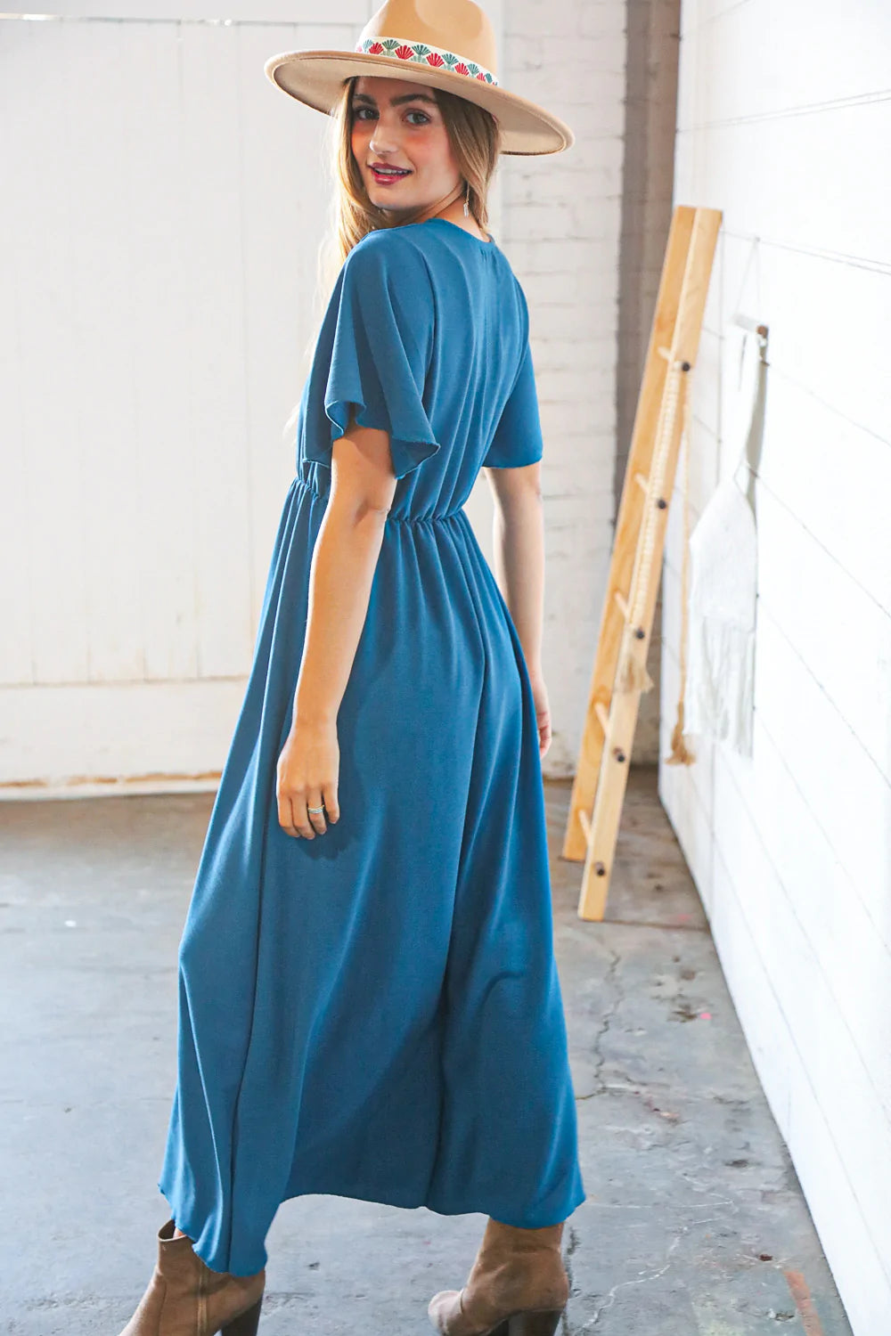 Teal Crepe Elastic Waist Woven Maxi Dress