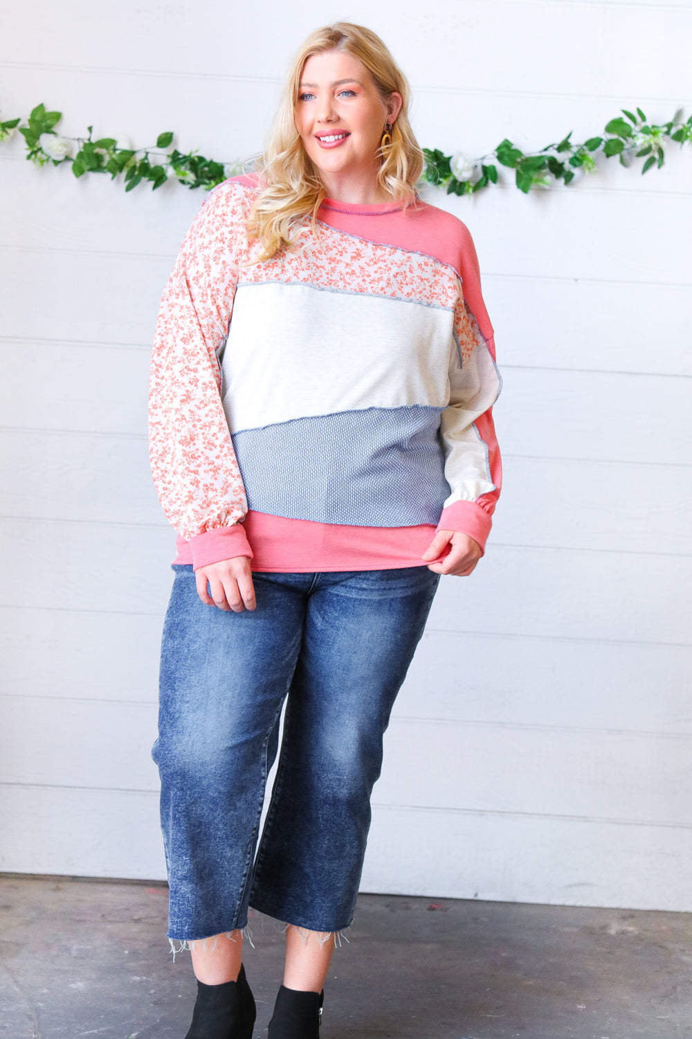 Coral Patchwork Two Tone Floral Outseam Top