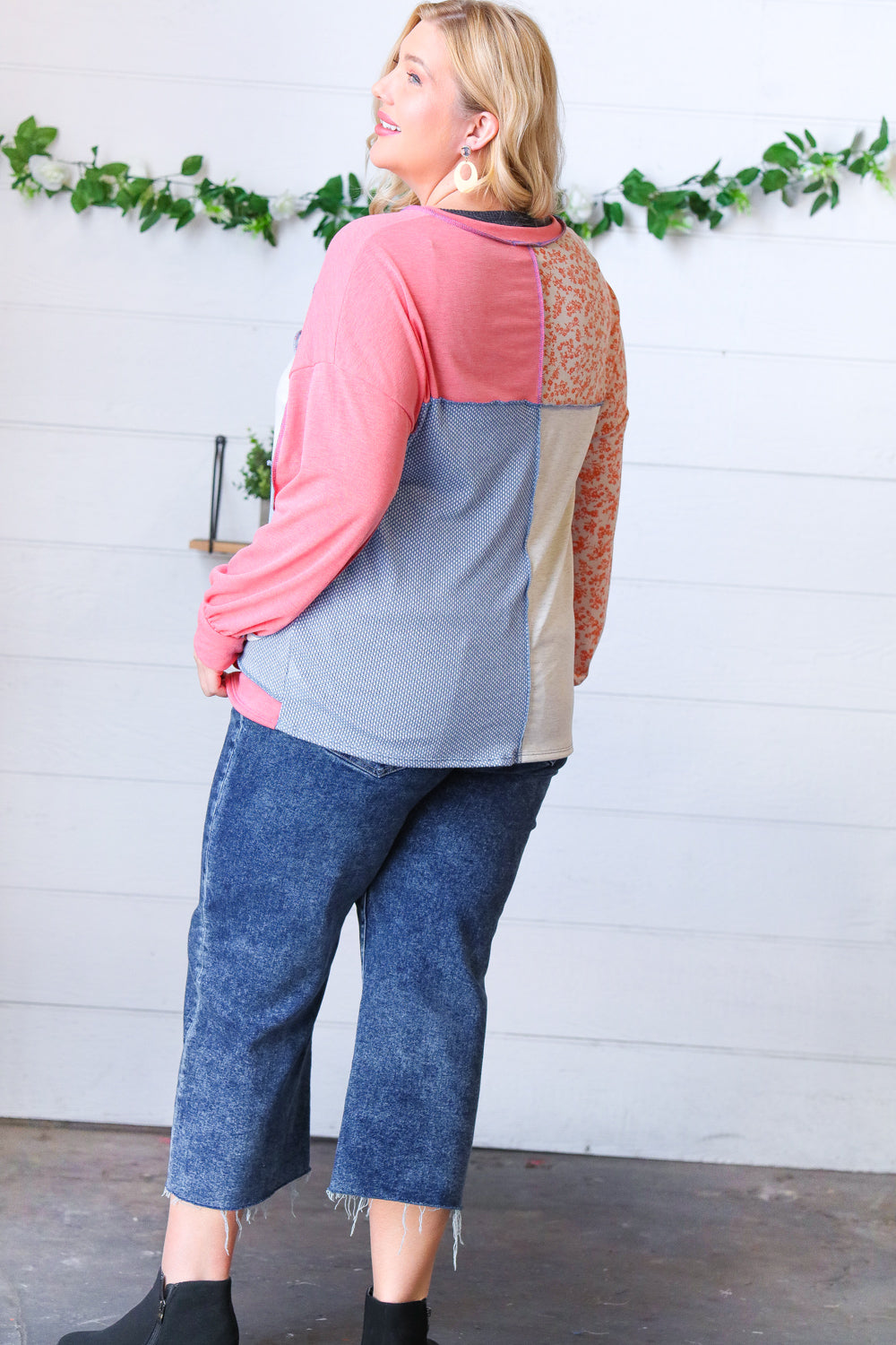 Coral Patchwork Two Tone Floral Outseam Top