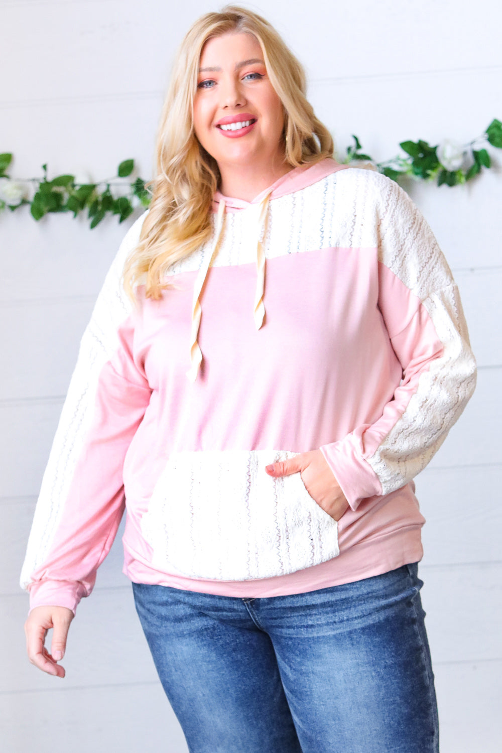 Blush Ivory Eyelet Lace Color Block Pullover Hoodie