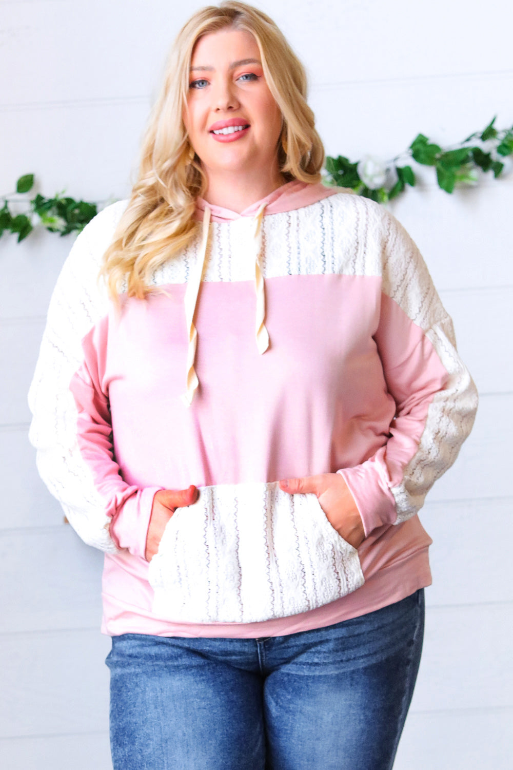 Blush Ivory Eyelet Lace Color Block Pullover Hoodie