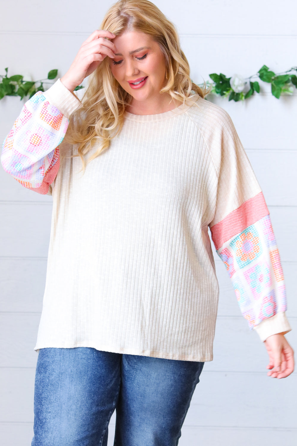 Oatmeal Two-Tone Floral Crochet Print Raglan Bubble Sleeve Top