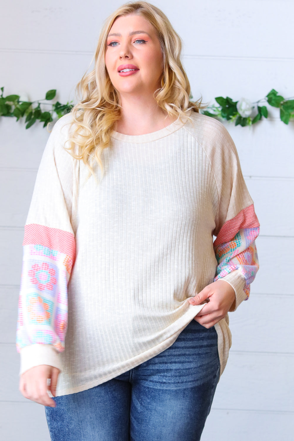 Oatmeal Two-Tone Floral Crochet Print Raglan Bubble Sleeve Top