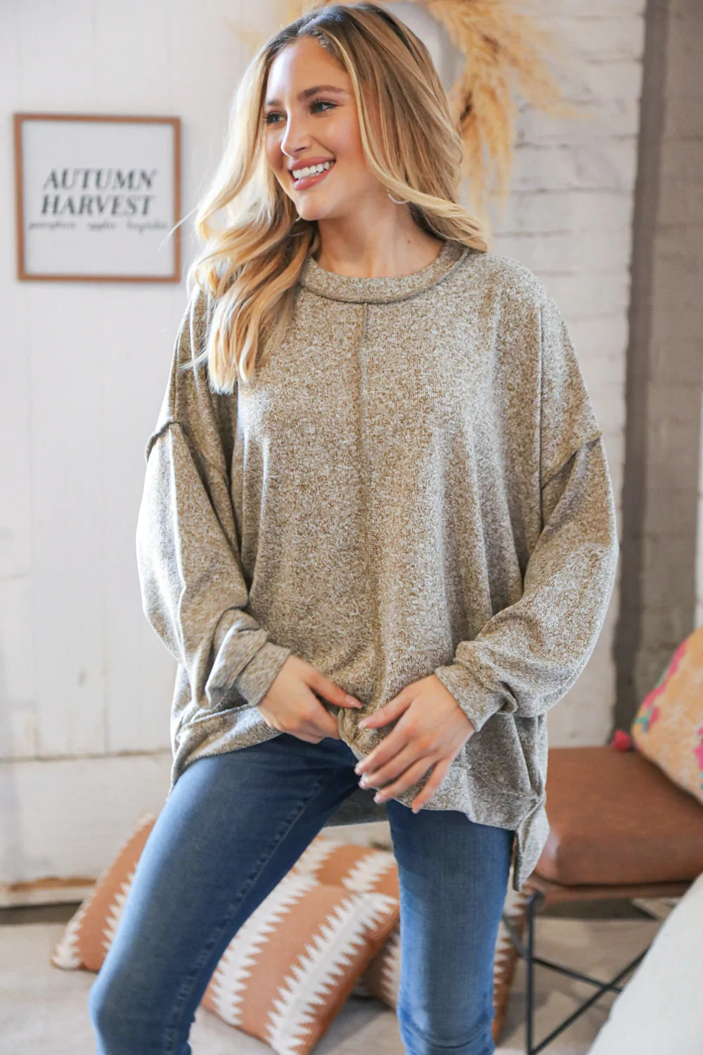 Dusty Olive Hi-Lo Drop Shoulder Outseam Pullover