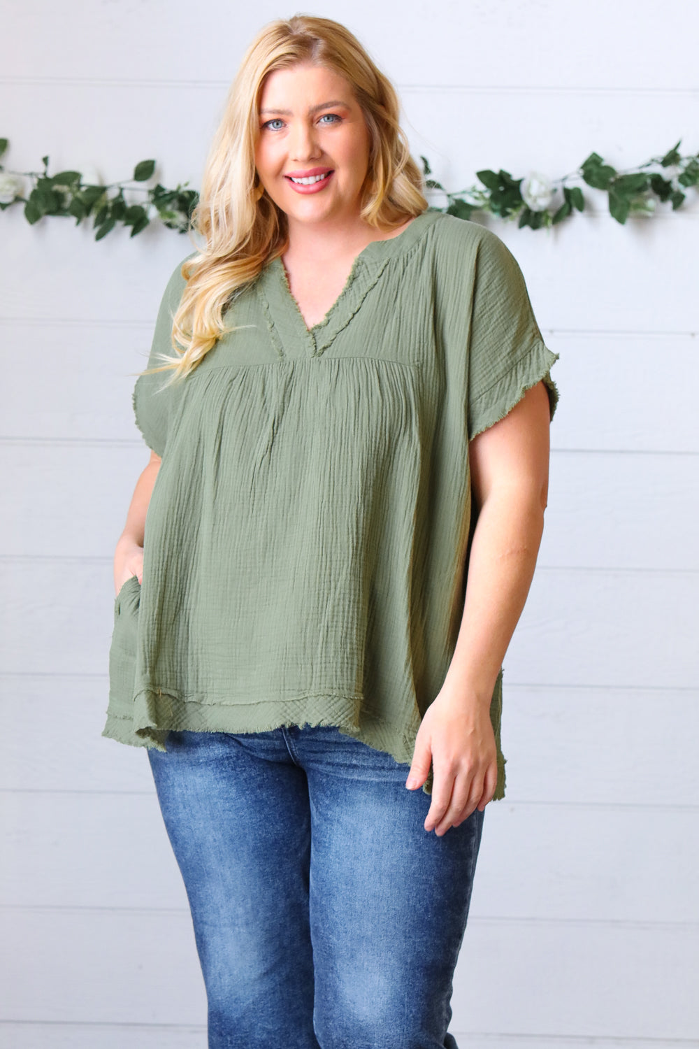 Olive Cotton Banded V Neck Frayed Pocketed Top