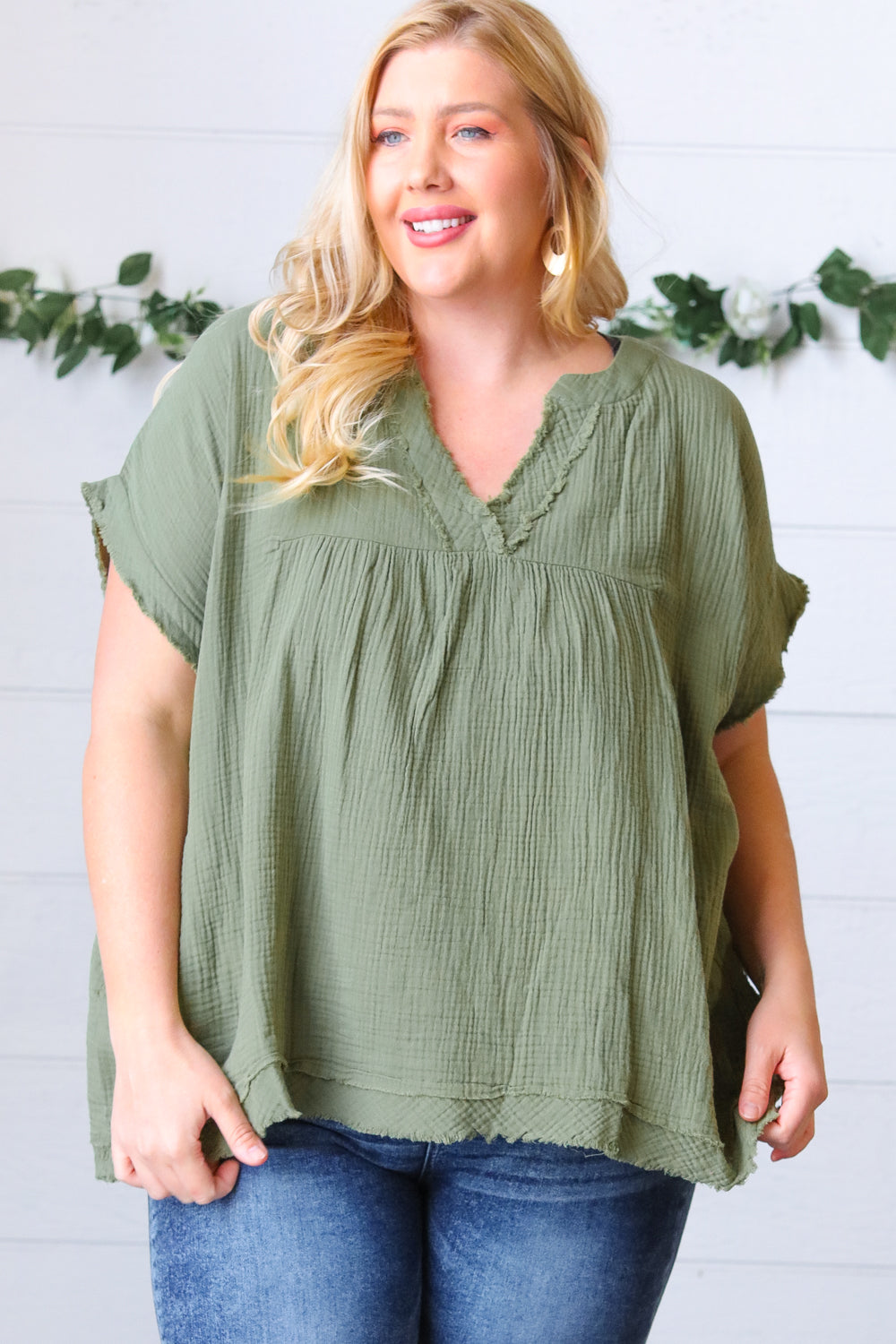 Olive Cotton Banded V Neck Frayed Pocketed Top