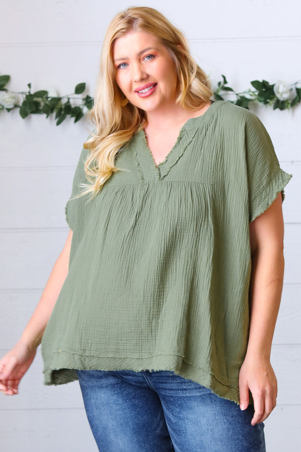 Olive Cotton Banded V Neck Frayed Pocketed Top