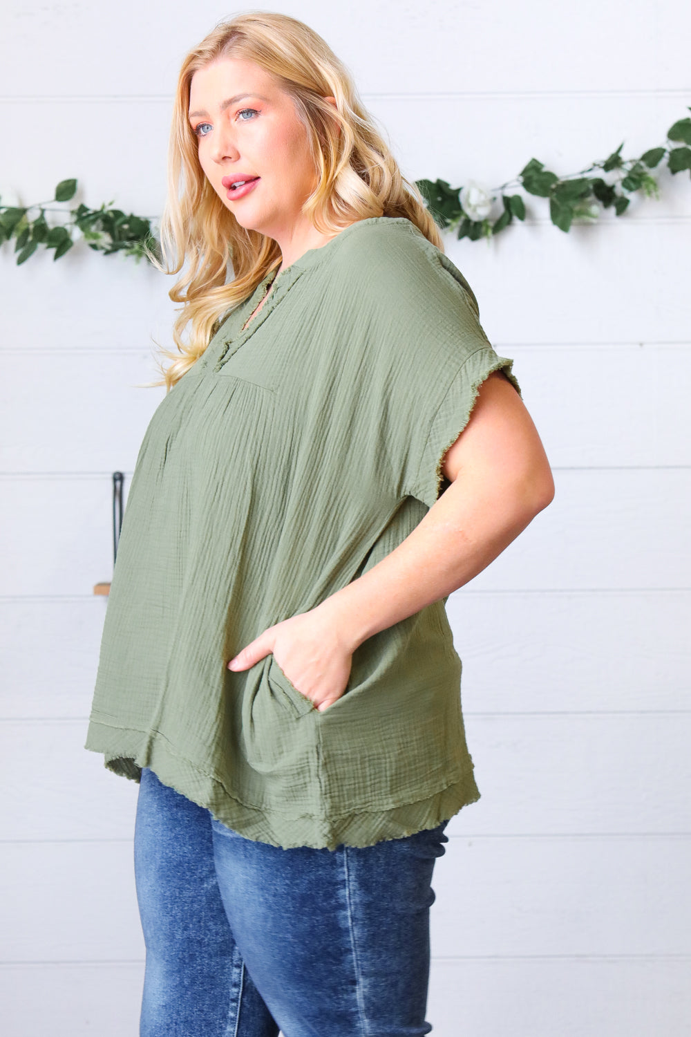 Olive Cotton Banded V Neck Frayed Pocketed Top