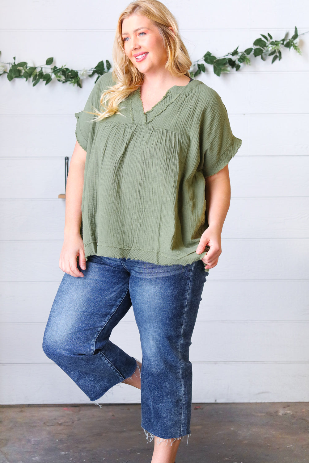 Olive Cotton Banded V Neck Frayed Pocketed Top