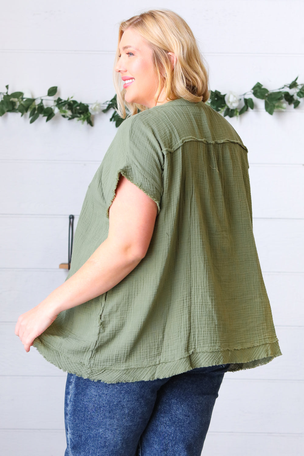 Olive Cotton Banded V Neck Frayed Pocketed Top