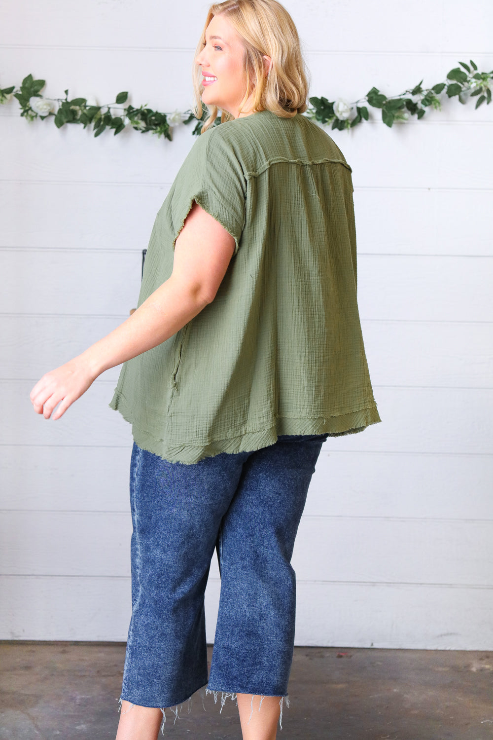 Olive Cotton Banded V Neck Frayed Pocketed Top