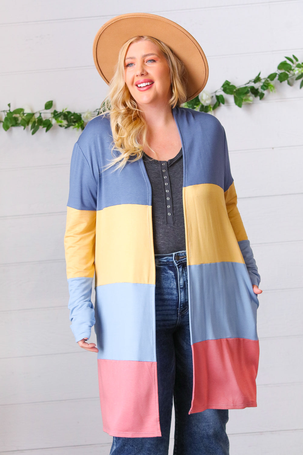 Denim Wide Stripe Terry Color Block Open Cardigan