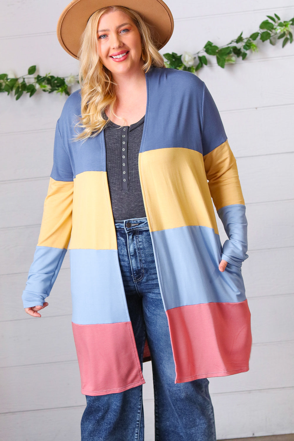 Denim Wide Stripe Terry Color Block Open Cardigan