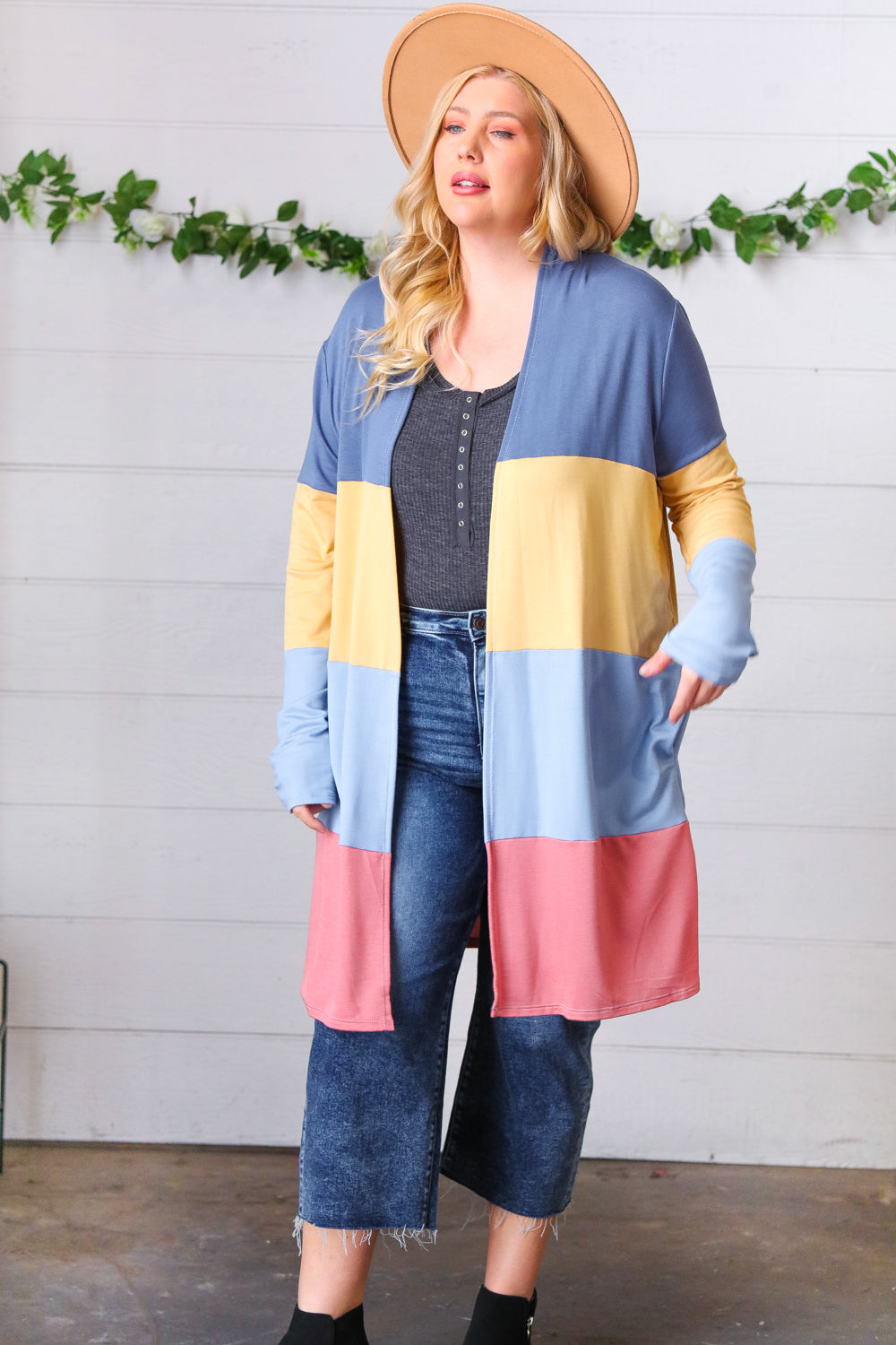 Denim Wide Stripe Terry Color Block Open Cardigan