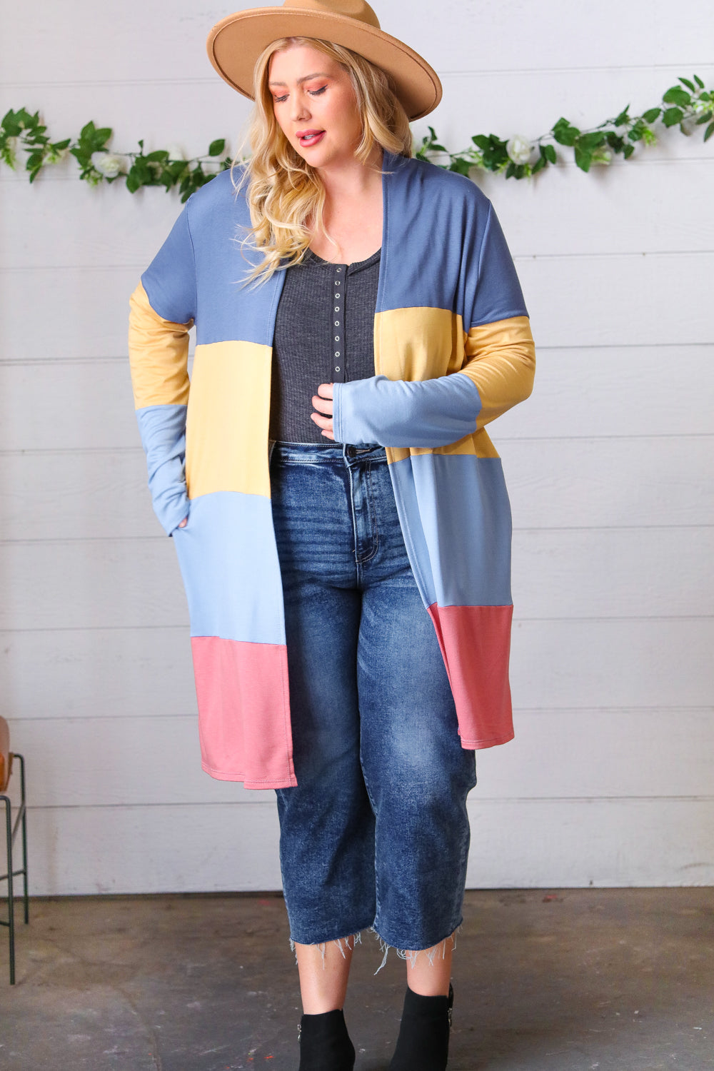 Denim Wide Stripe Terry Color Block Open Cardigan