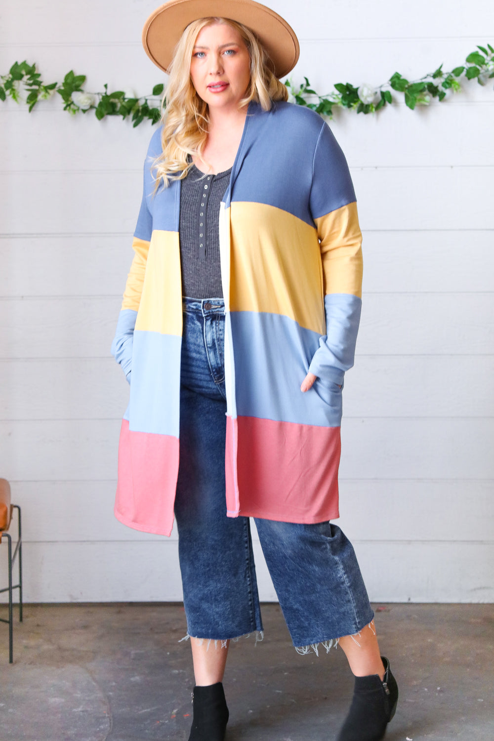 Denim Wide Stripe Terry Color Block Open Cardigan