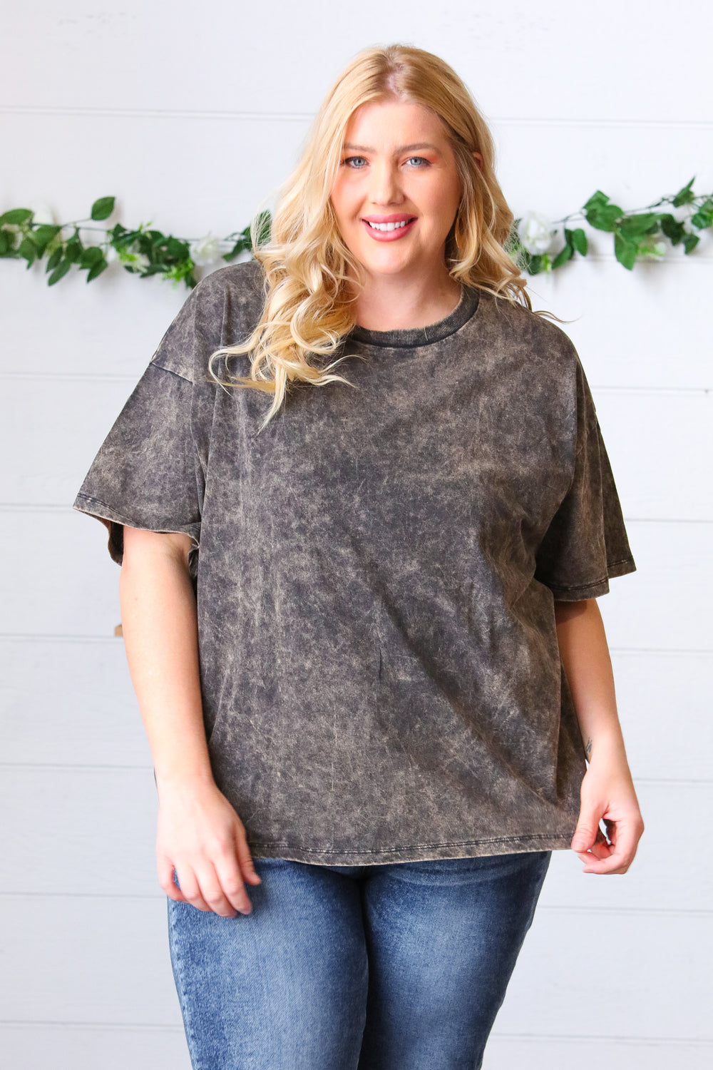 Black Cotton Wash Short Sleeve Crew Neck Top