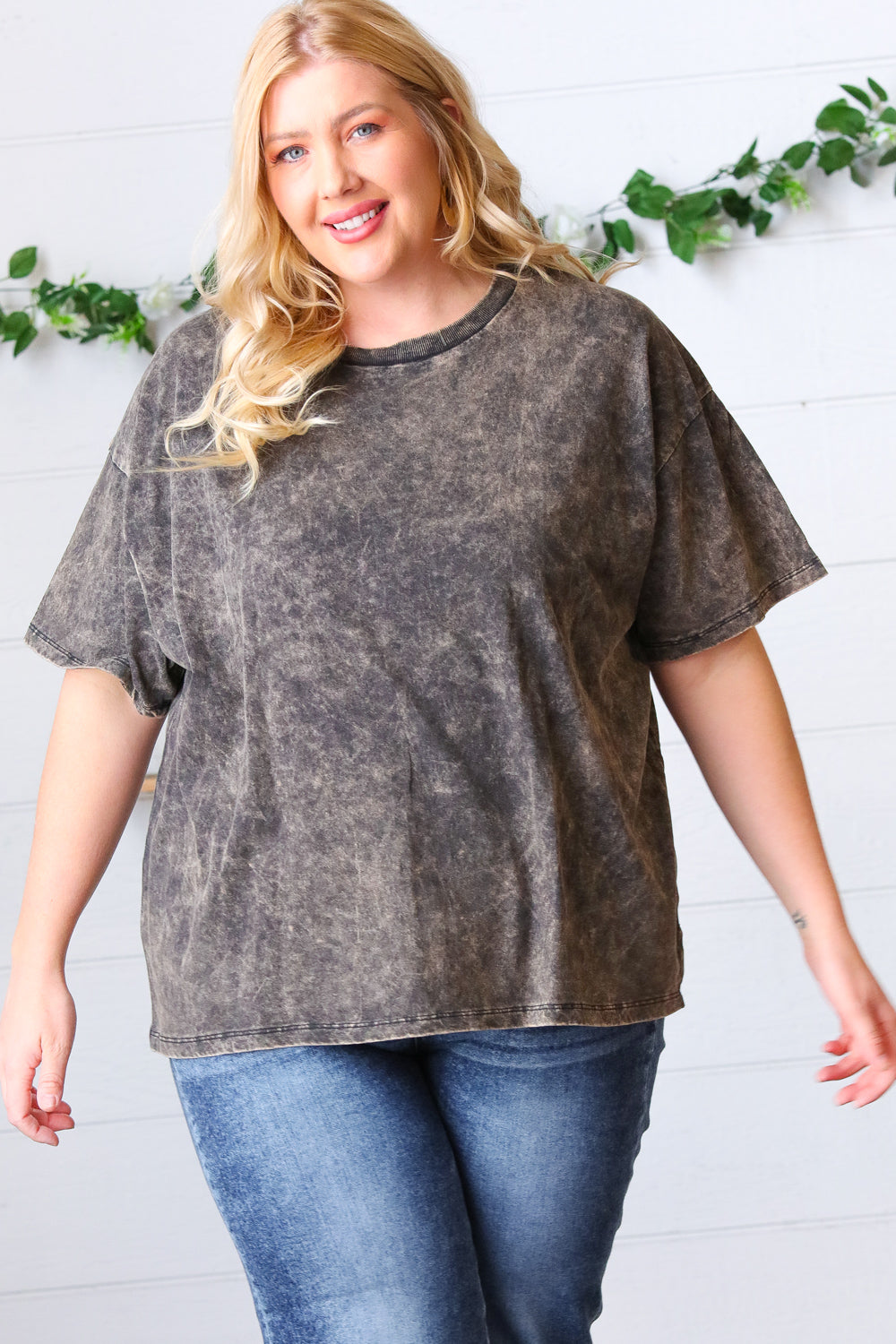 Black Cotton Wash Short Sleeve Crew Neck Top