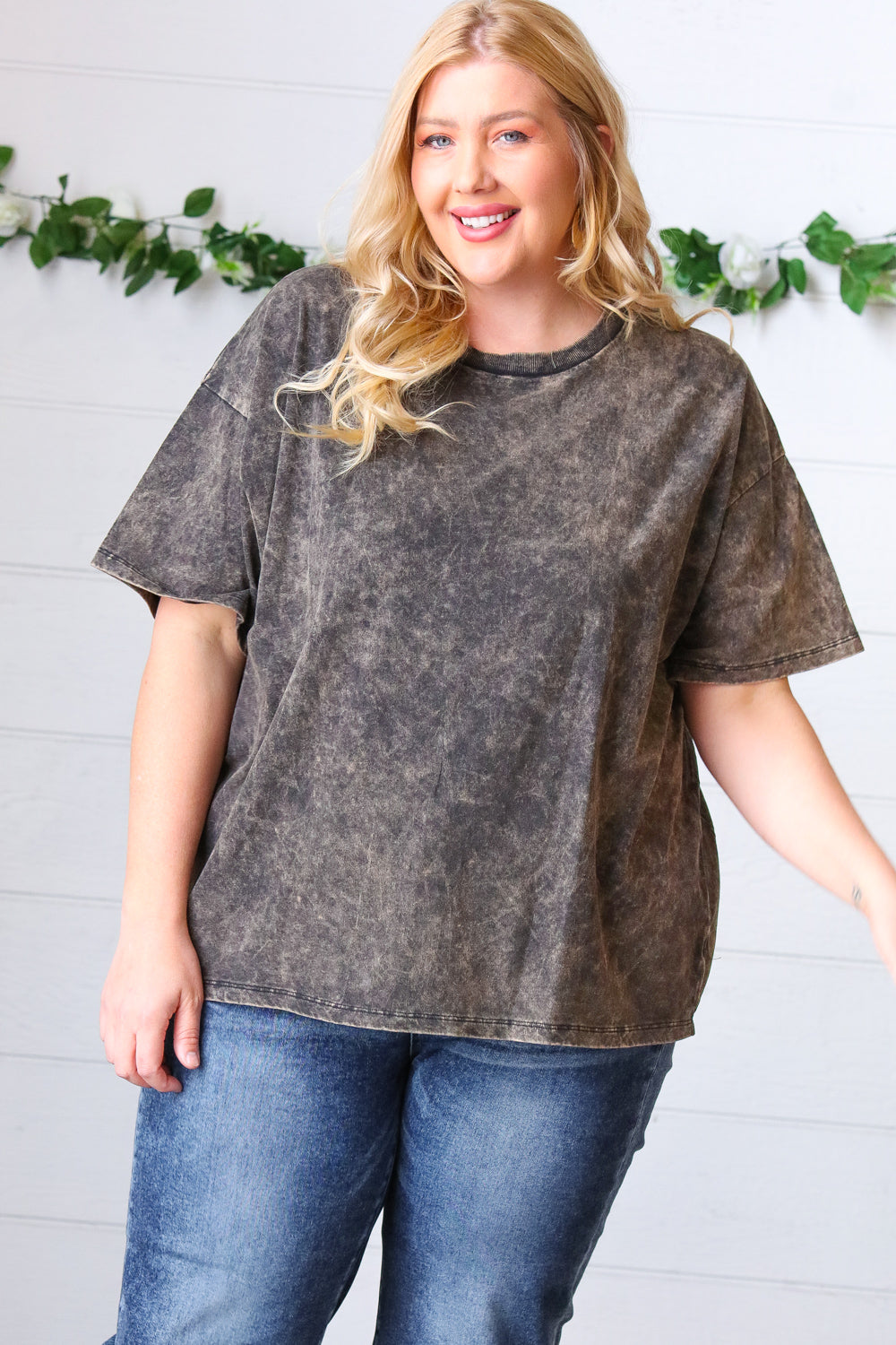 Black Cotton Wash Short Sleeve Crew Neck Top