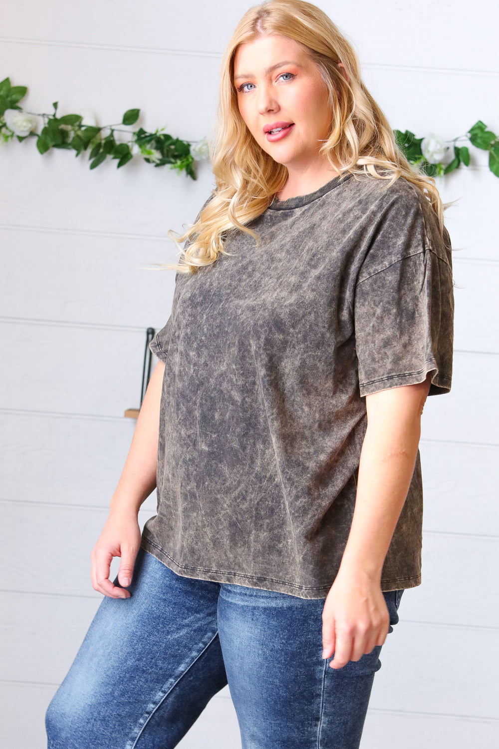 Black Cotton Wash Short Sleeve Crew Neck Top