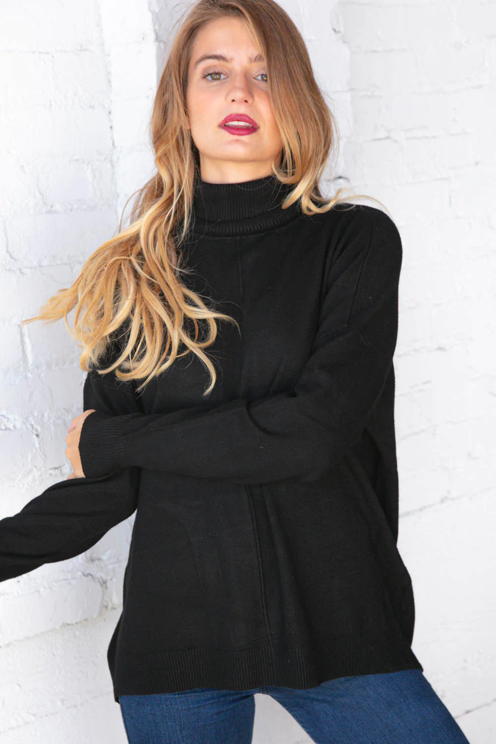 Midnight Black Out Seam Turtleneck Sweater