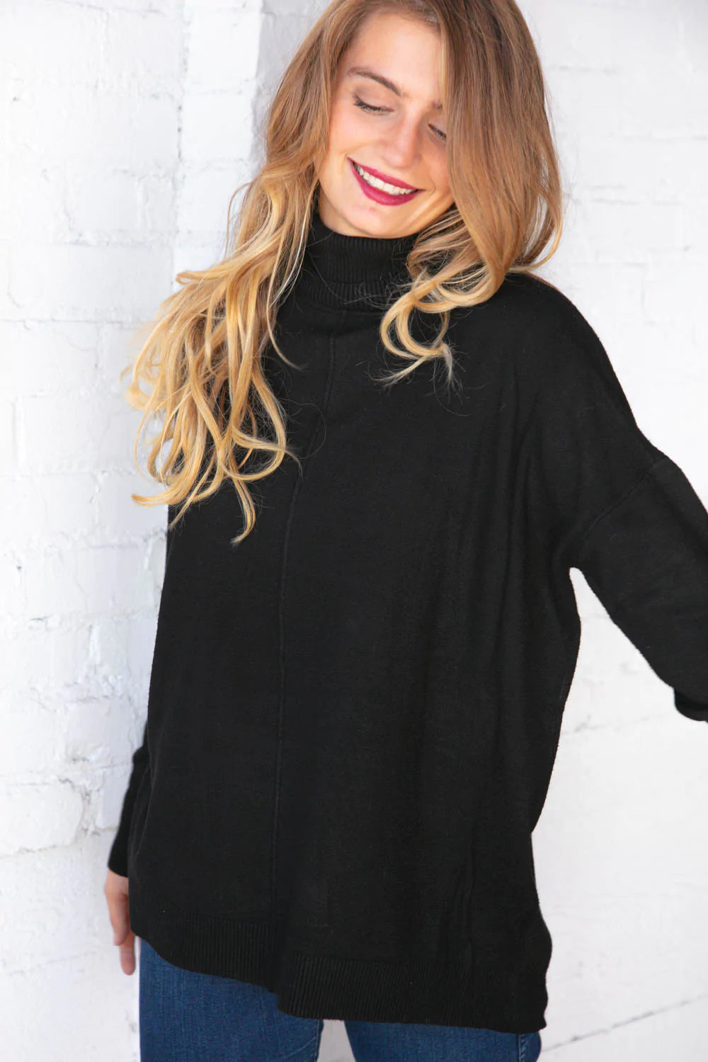 Midnight Black Out Seam Turtleneck Sweater