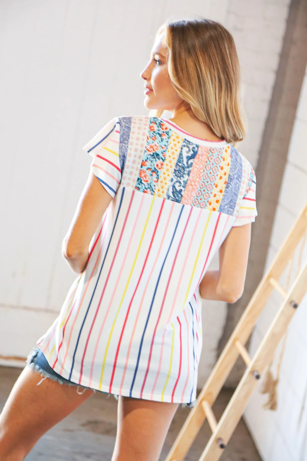 Multicolor Vertical Stripe Ethnic Yoke Top