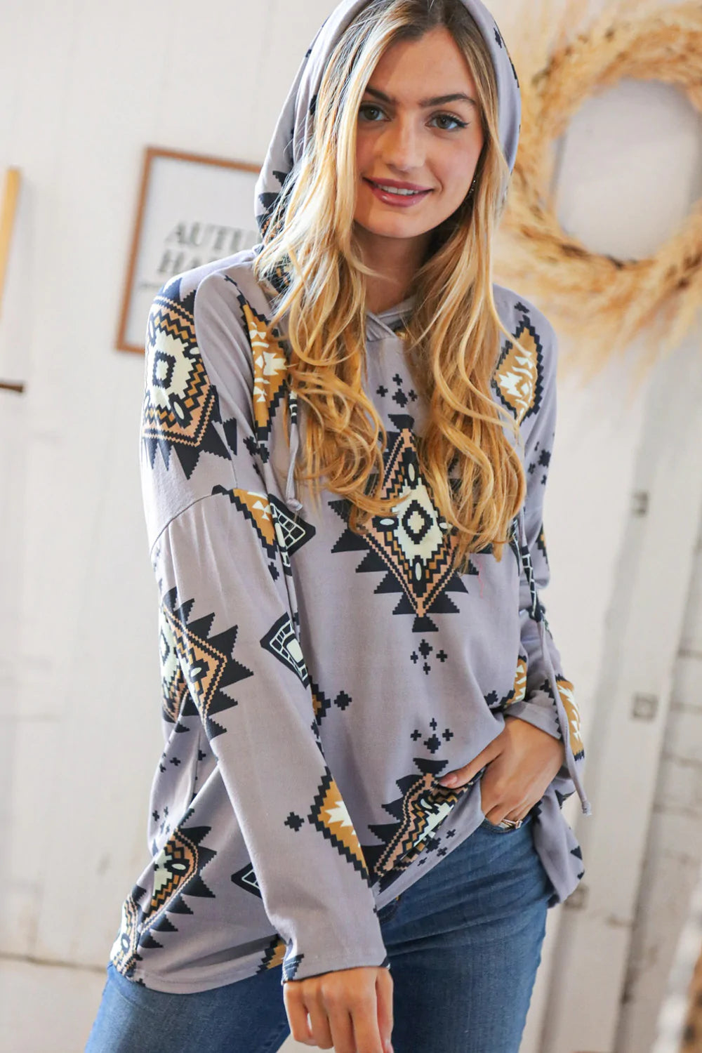 Grey Blue Tribal Hacci Drawstring Hoodie