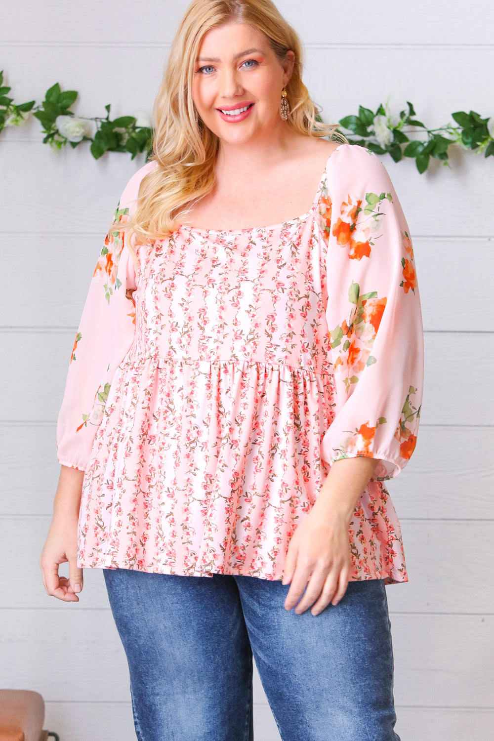 Pink/Red Chiffon Floral Square Neck Babydoll Blouse