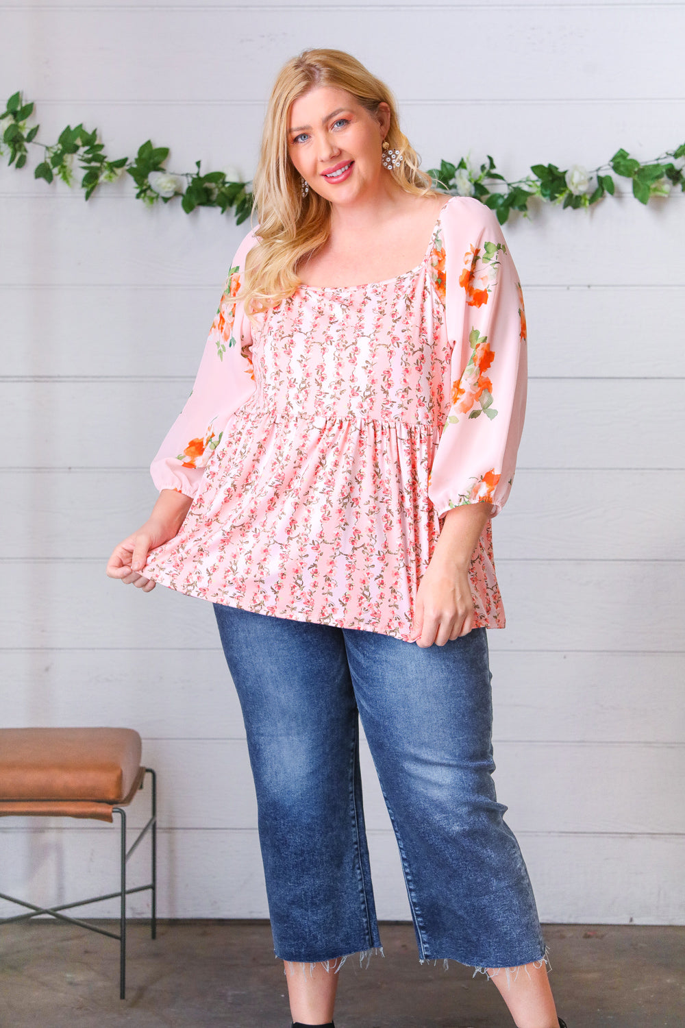 Pink/Red Chiffon Floral Square Neck Babydoll Blouse