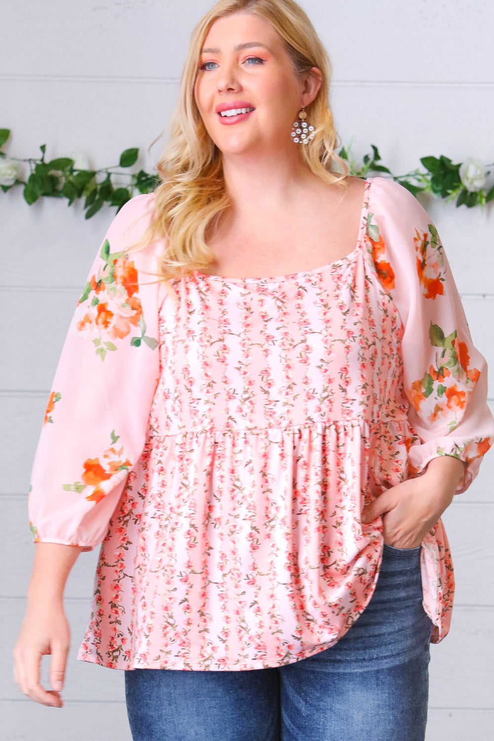 Pink/Red Chiffon Floral Square Neck Babydoll Blouse