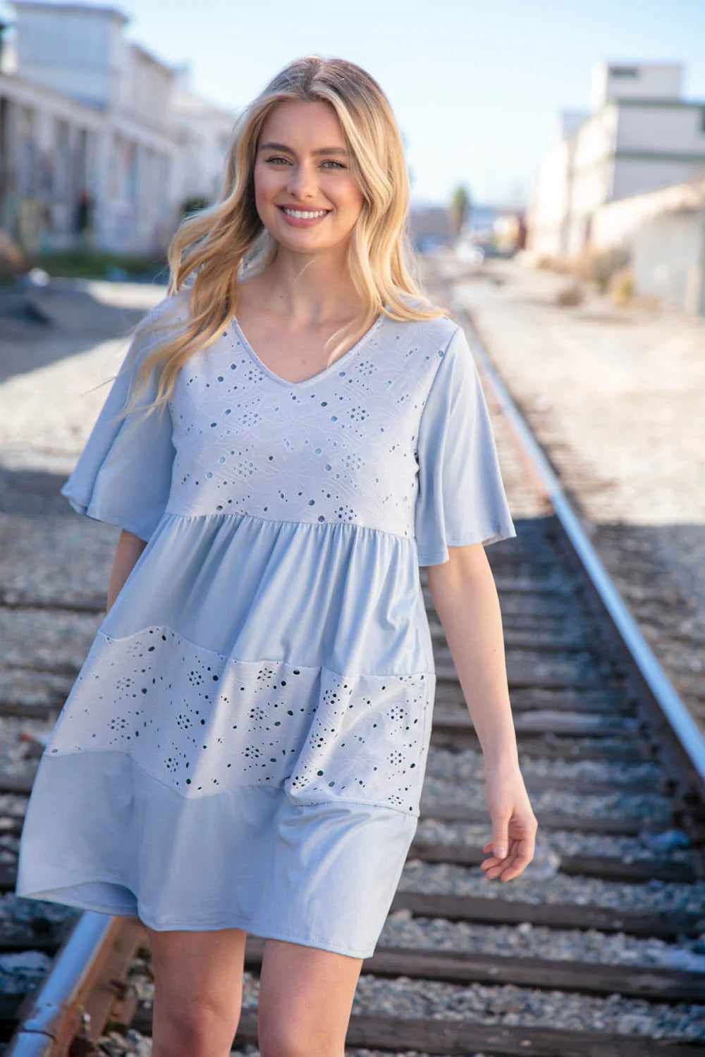 Dusty Blue V Neck Lined Eyelet Knit Flare Flutter Sleeve Dress