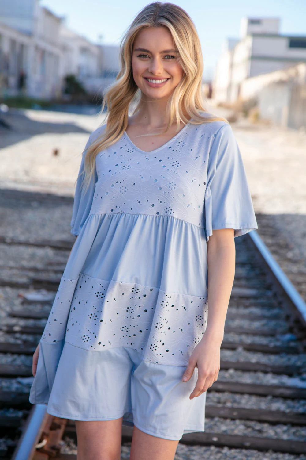 Dusty Blue V Neck Lined Eyelet Knit Flare Flutter Sleeve Dress