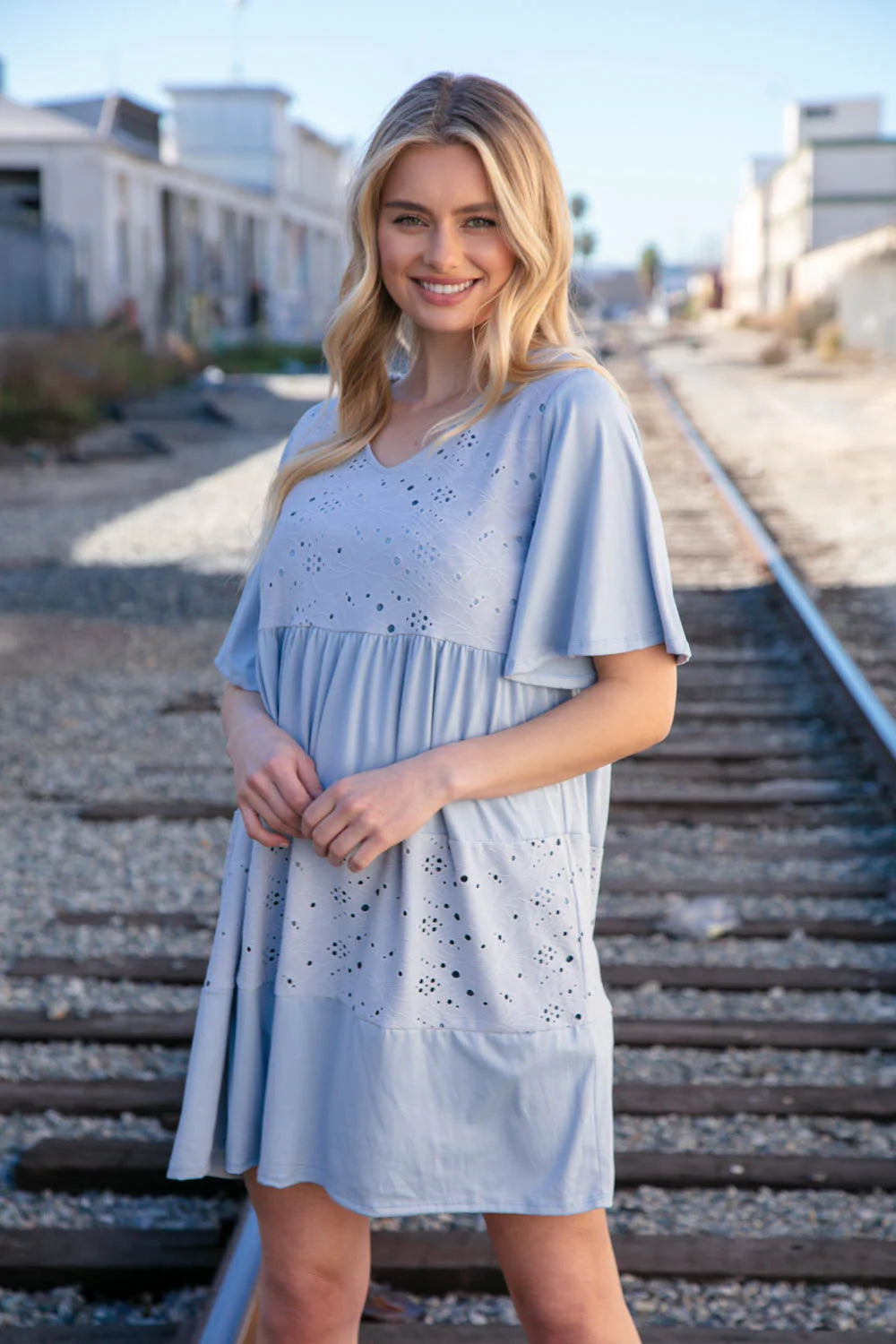 Dusty Blue V Neck Lined Eyelet Knit Flare Flutter Sleeve Dress