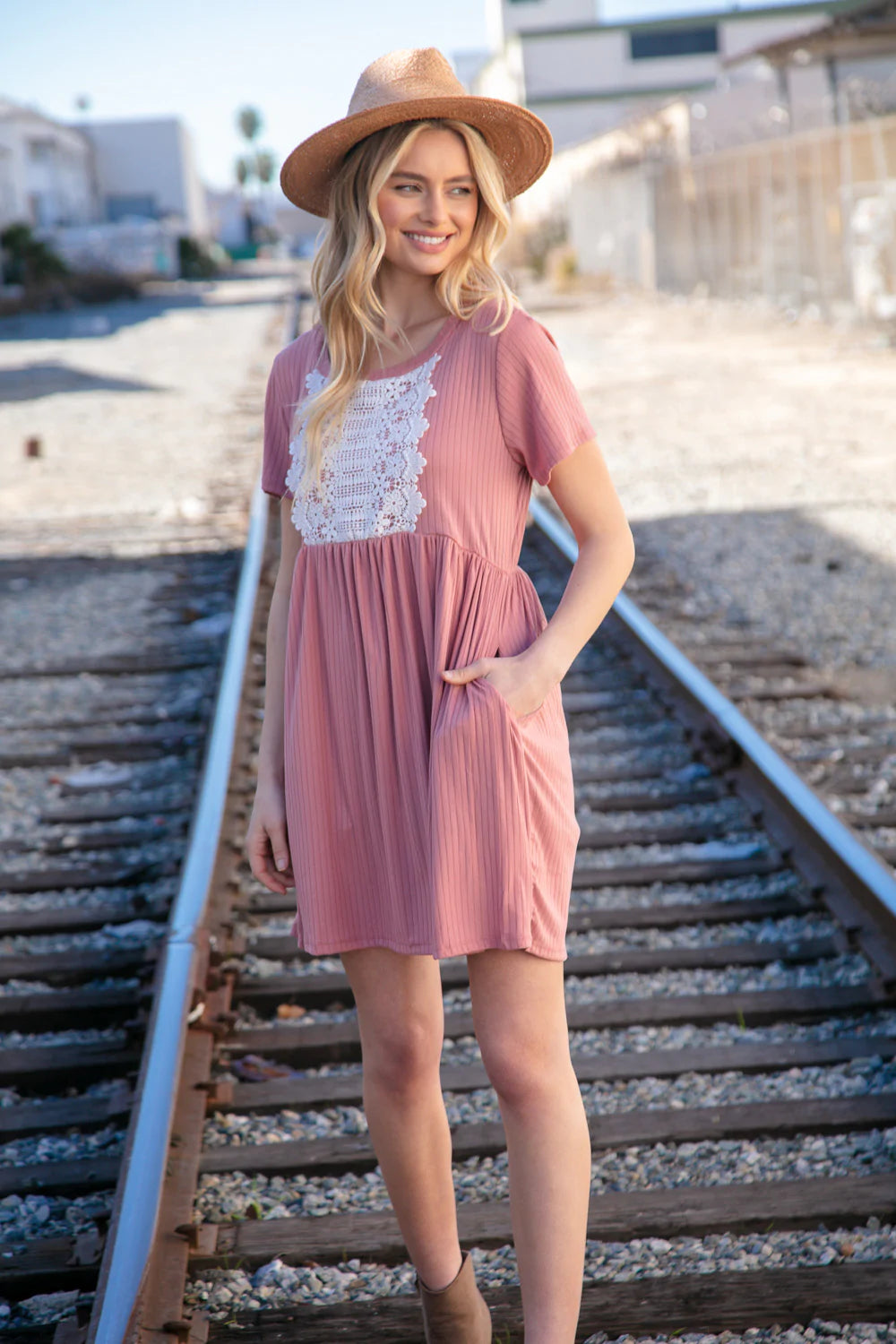 Rose Crochet Detail Rib Knit Dress with Pockets