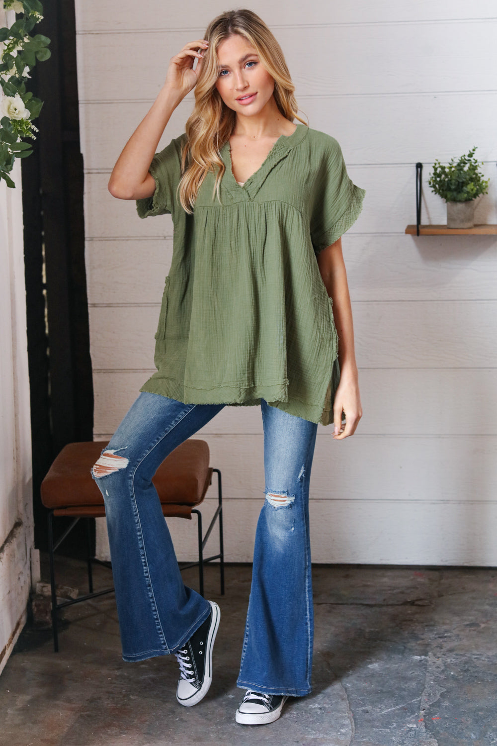 Olive Cotton Banded V Neck Frayed Pocketed Top