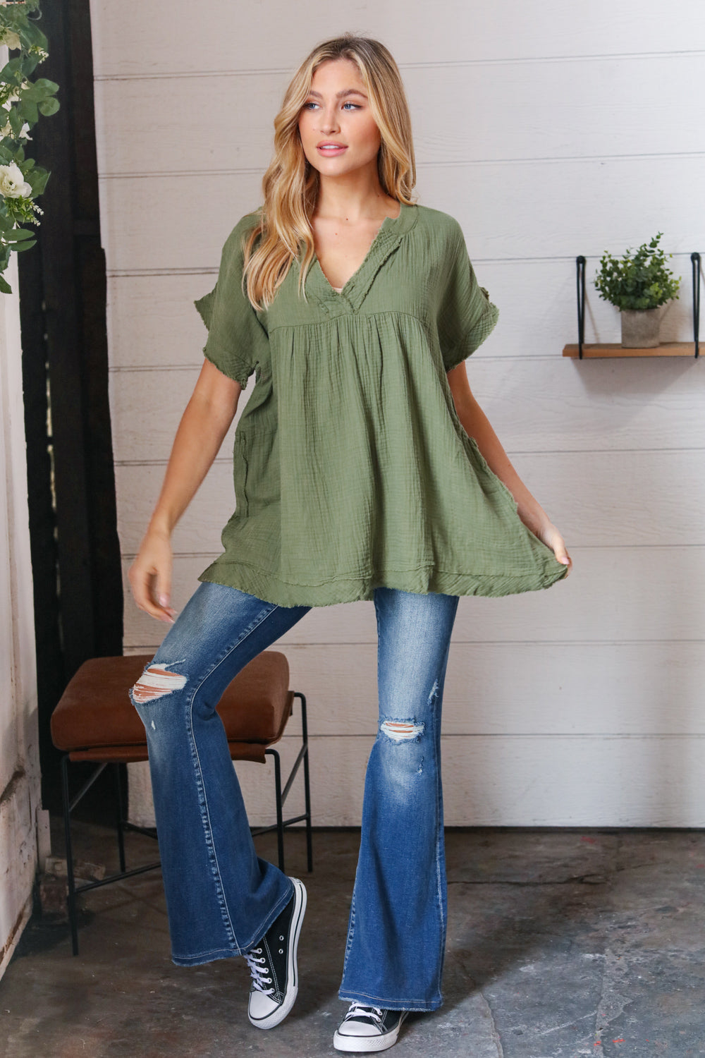 Olive Cotton Banded V Neck Frayed Pocketed Top