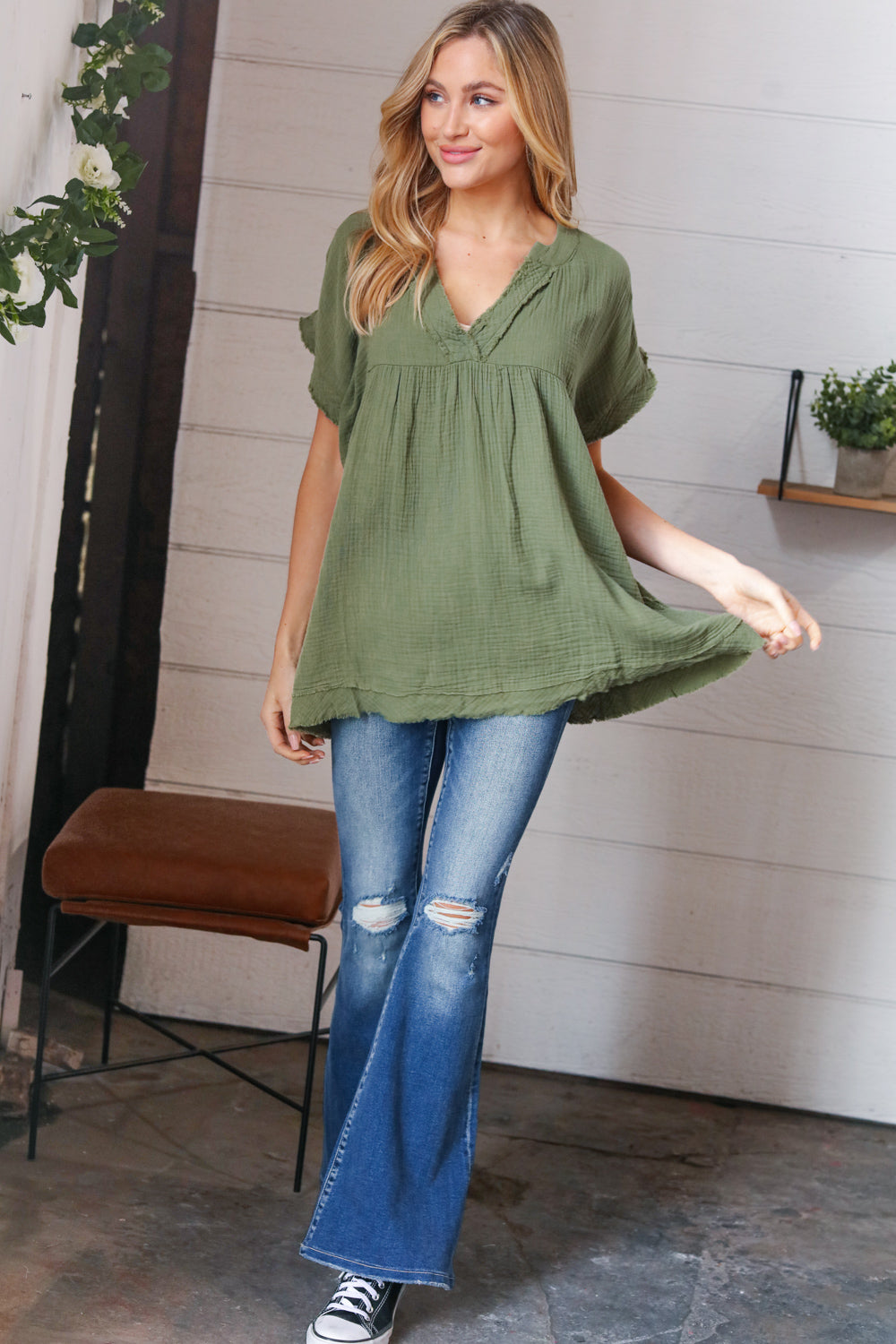 Olive Cotton Banded V Neck Frayed Pocketed Top