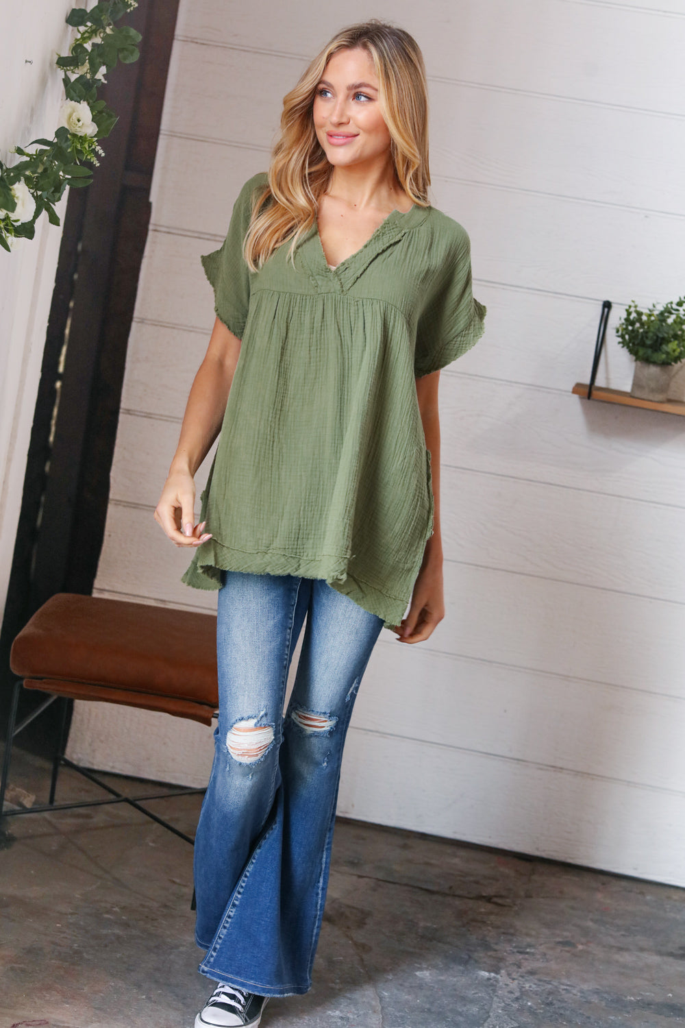 Olive Cotton Banded V Neck Frayed Pocketed Top