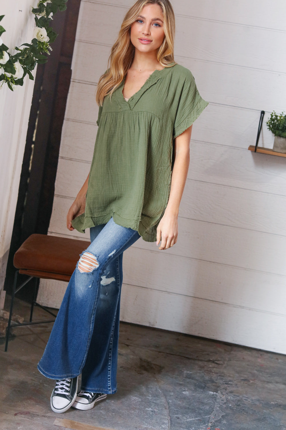 Olive Cotton Banded V Neck Frayed Pocketed Top