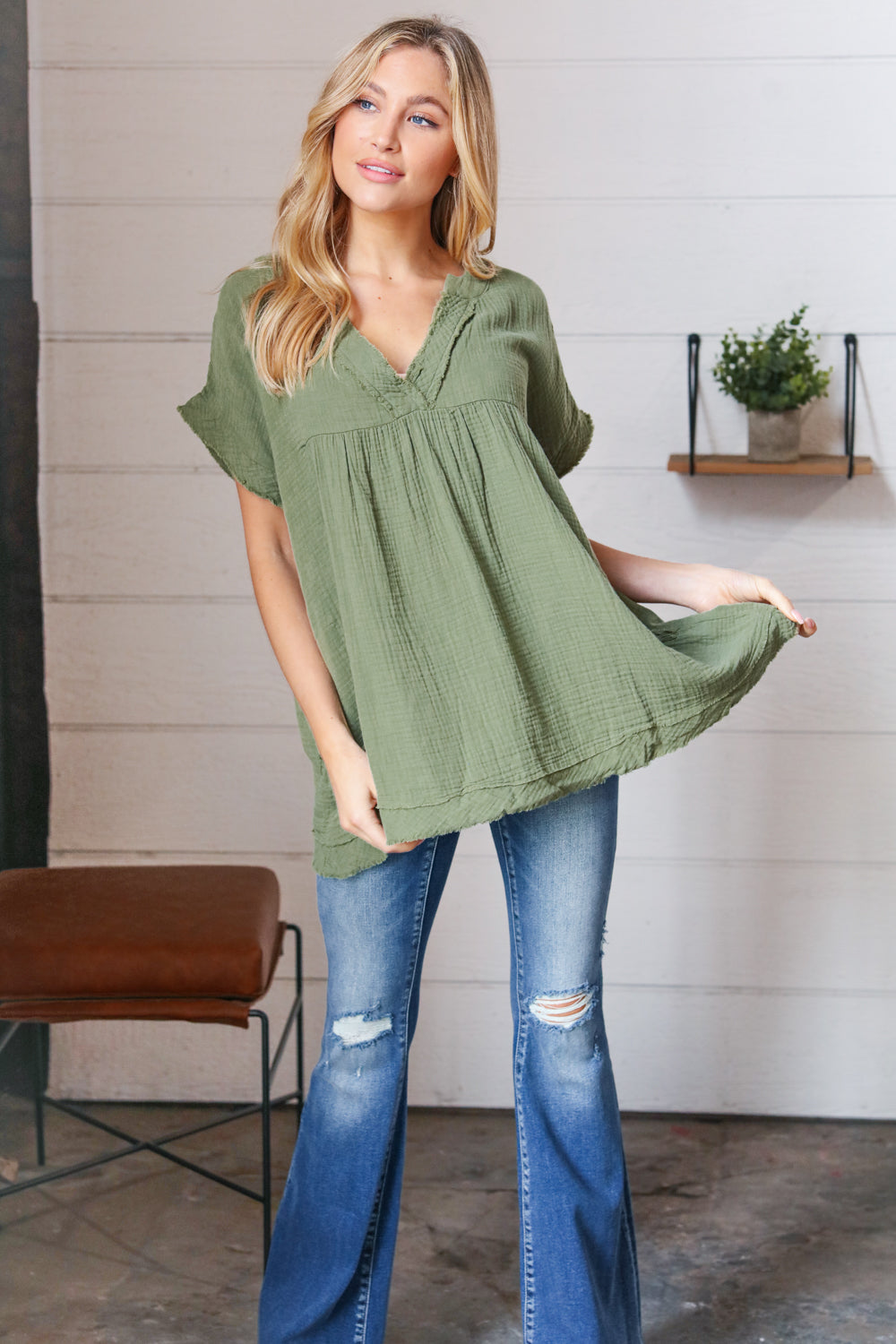 Olive Cotton Banded V Neck Frayed Pocketed Top