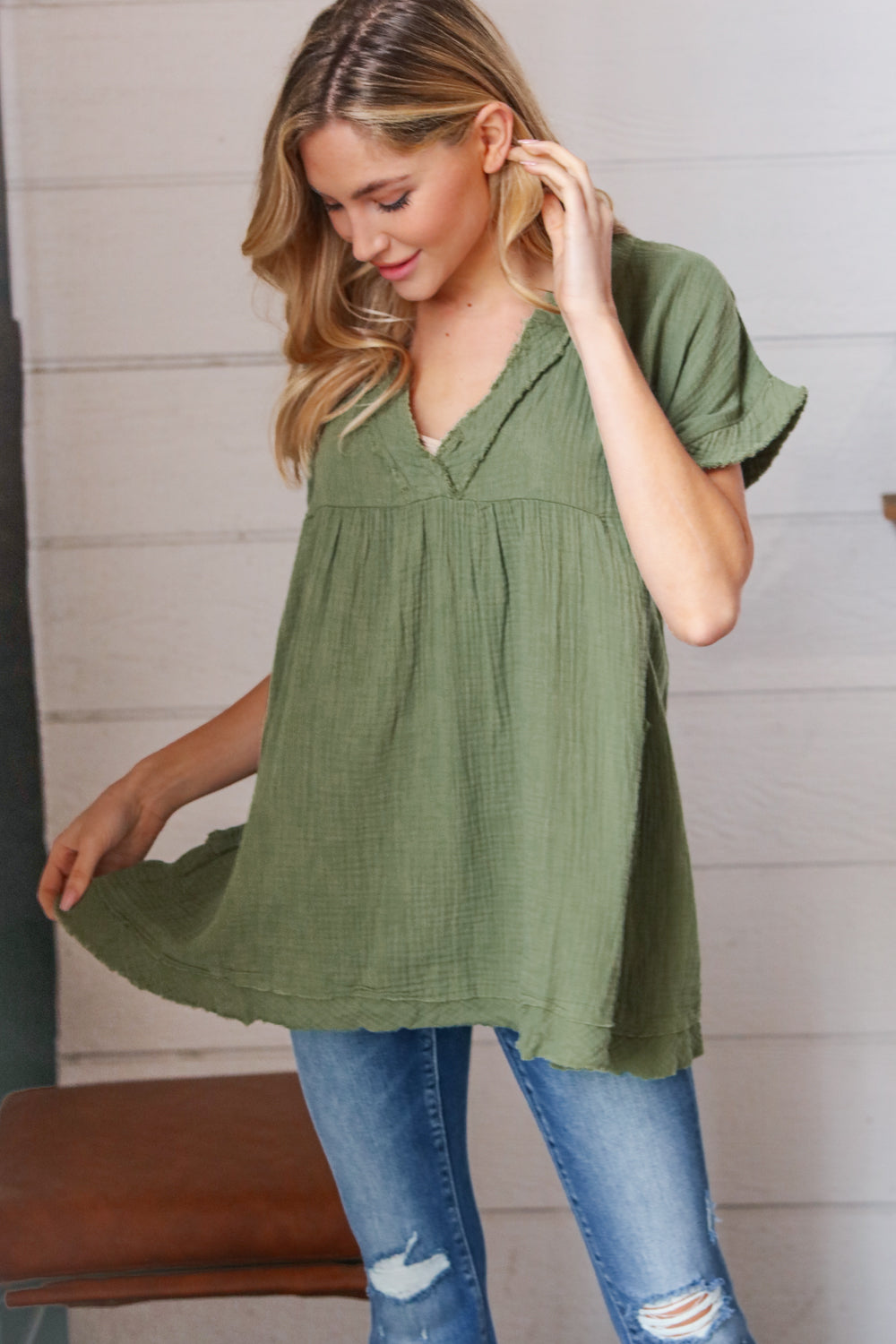 Olive Cotton Banded V Neck Frayed Pocketed Top