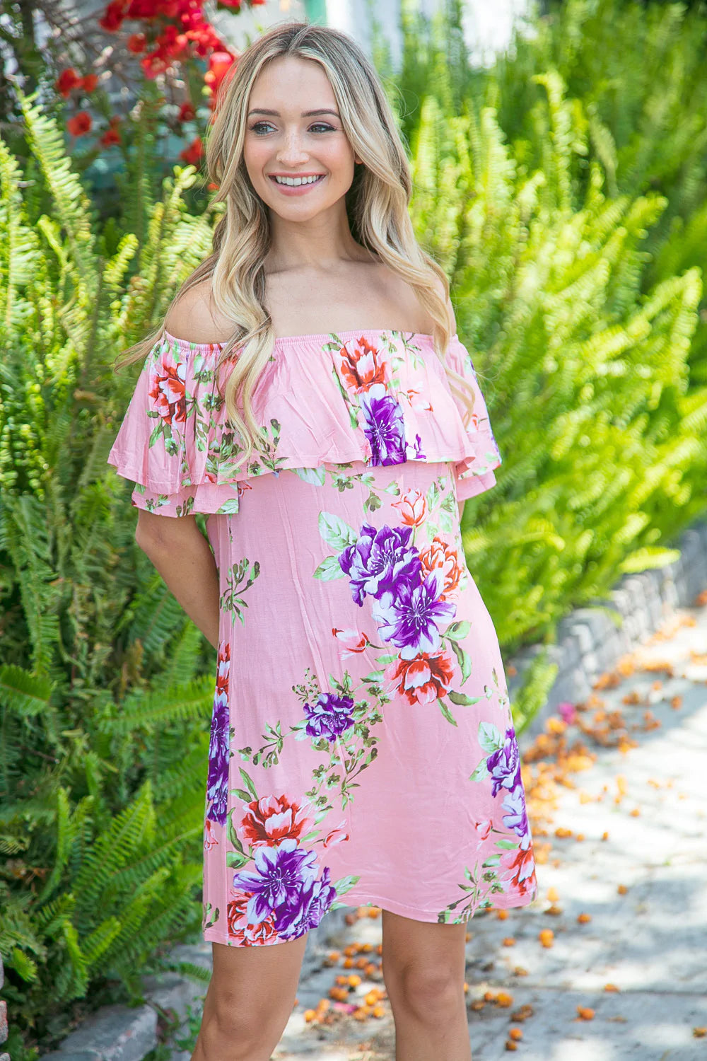 Peach Floral Ruffle Off Shoulder Dress